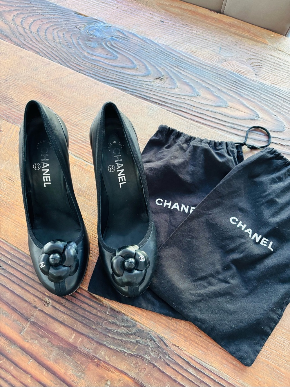 CHANEL Black Camellia Leather Heels